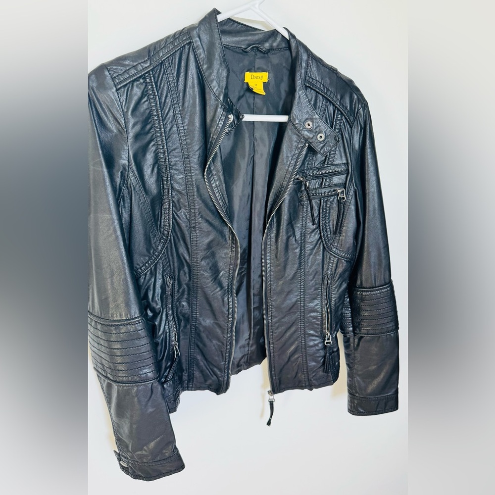 Daisy Black Leather Jacket with Zipper Details